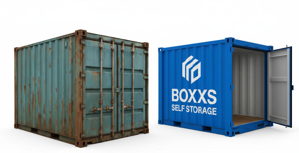 Side-by-side comparison of a rusted used container and a brand-new blue Boxxs Self Storage container in Linlithgow, West Lothian.