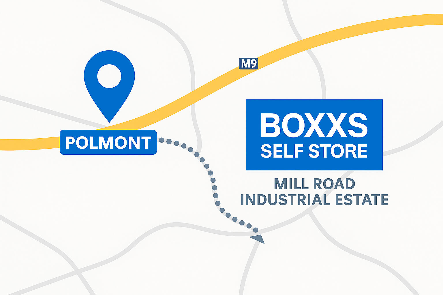 Simple map graphic showing the route from Polmont to Boxxs Self Storage in Linlithgow. It visually demontrates Boxxs is the closest storage facility to Polmont.