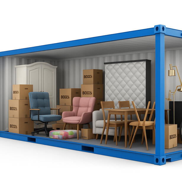 Cutaway illustration of a 20ft self storage container at Boxxs Linlithgow, showing storage capacity for the contents of a three-bedroom home, business stock, or tools