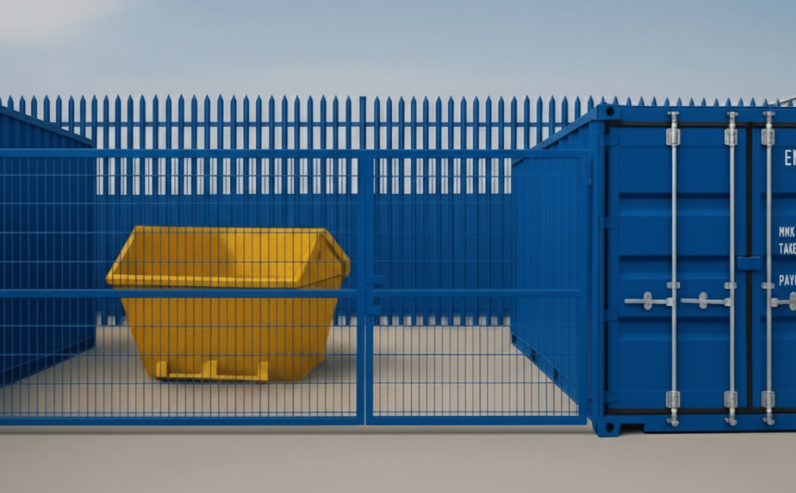 Boxxs Micro Yard in Linlithgow showing a 20ft self storage container with a yellow skip in the fenced yard, ideal for trades and businesses from Bo’ness and West Lothian